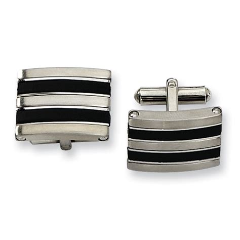 boxed stainless steel cufflinks with black stripes|Stainless Steel Striped Onyx Cufflinks.